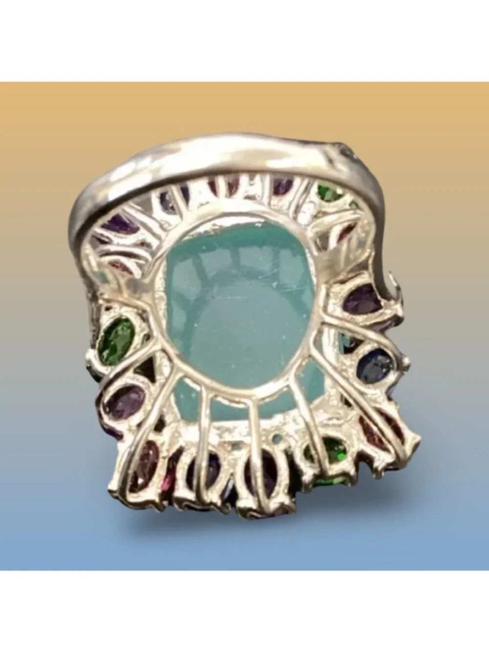 Multicolor Gemstone Sterling Silver Chalcedony Aqua Center Stone Statement Ring